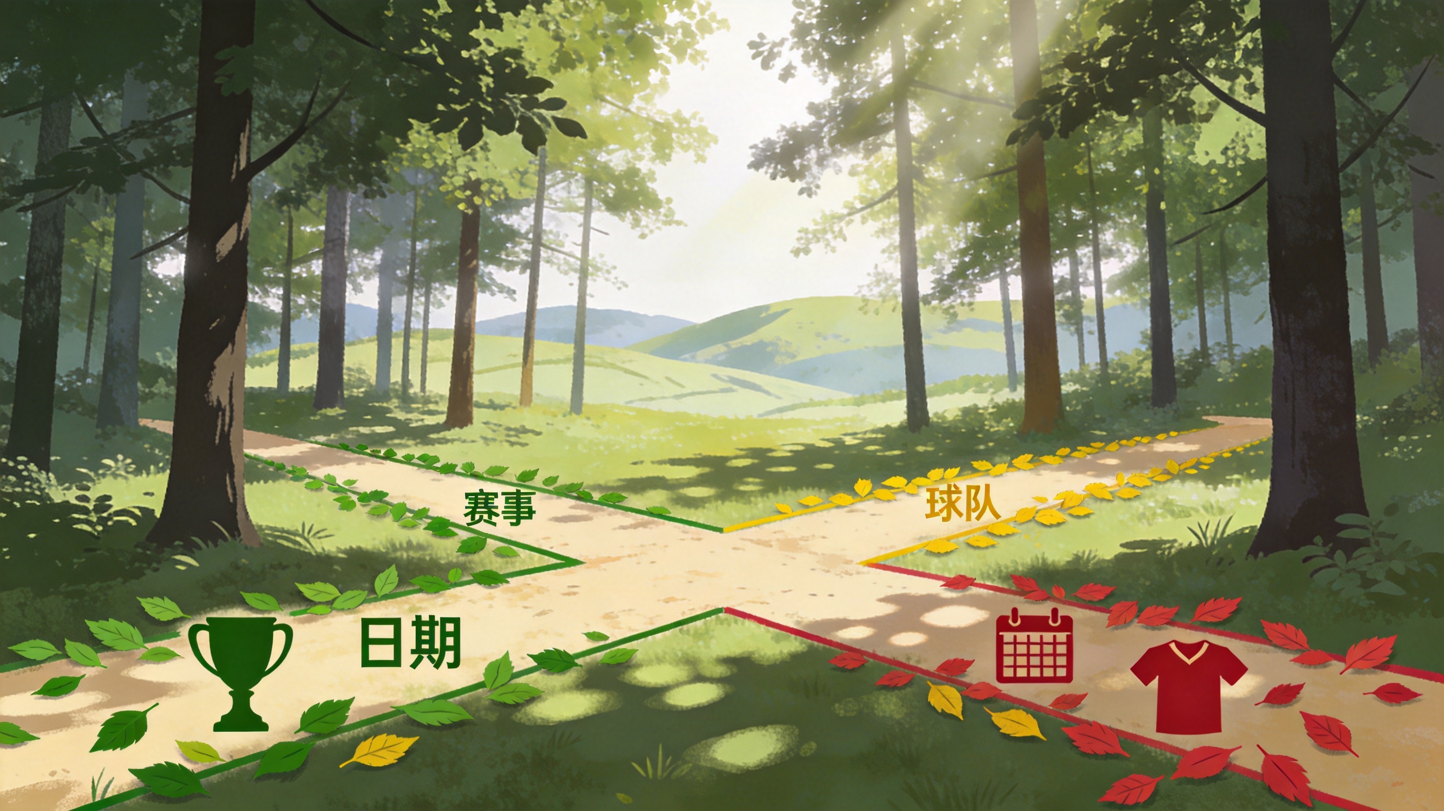 赛程与比分信息结构：按赛事、日期和球队三个维度组织的数据字段示意
